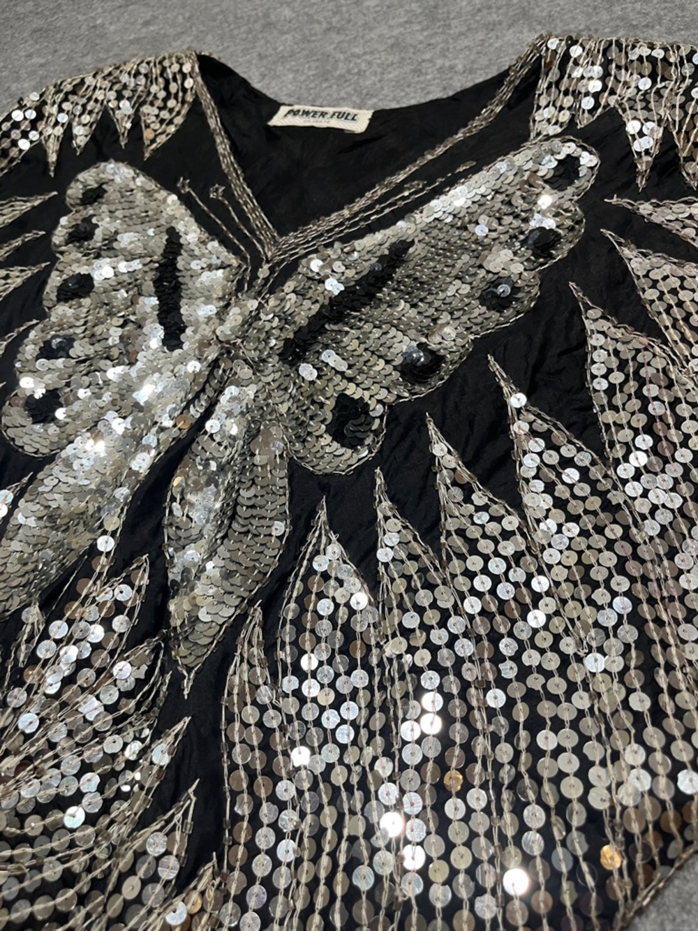 Black and Silver Sequin Butterfly Disco Era Cape-Style Top - Picture 2 of 5